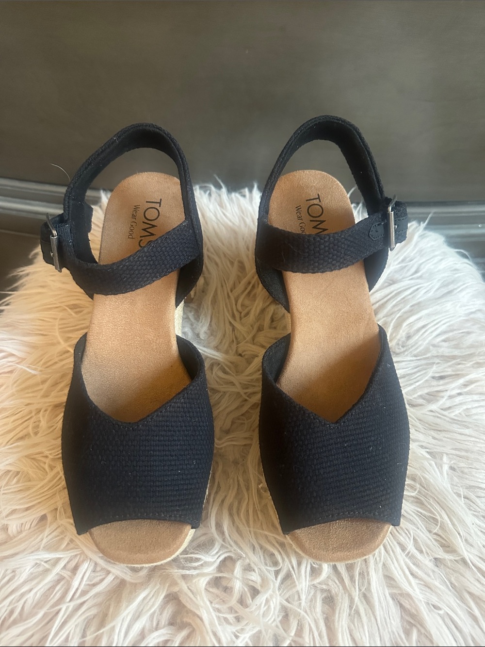 TOMS Black Peep-Toe Ankle Strap Wedges